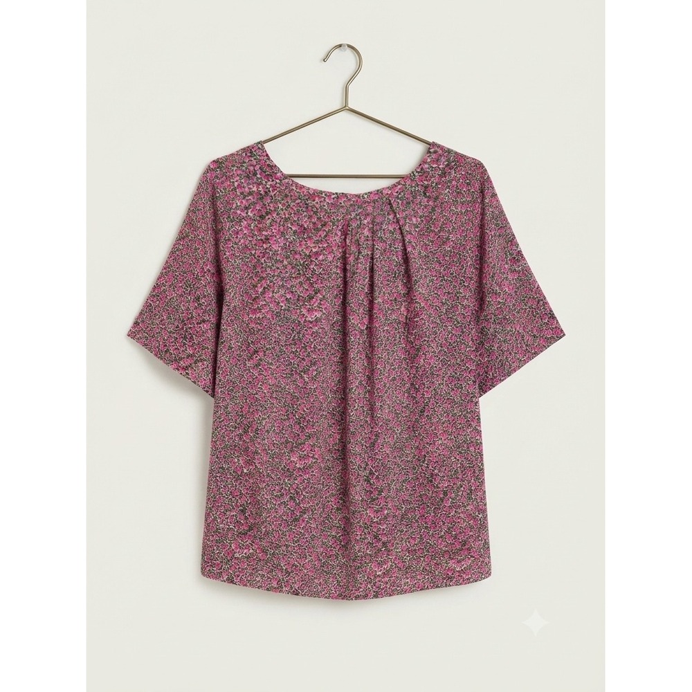 Weekend Max Mara Blouse Womens 16 Pink Floral Silk Keyhole Back Short Sleeve Top